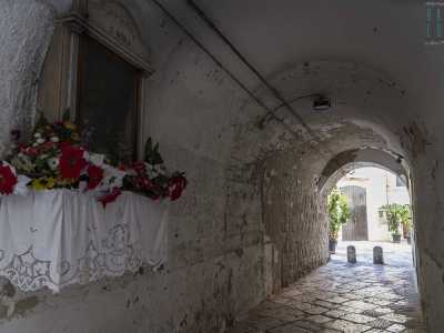 Corte San Triggiano: l'entrata � costituita da un omonimo arco in cui balza all'occhio una graziosa edicola dedicata a San Nicola, colma di fiori variopinti...